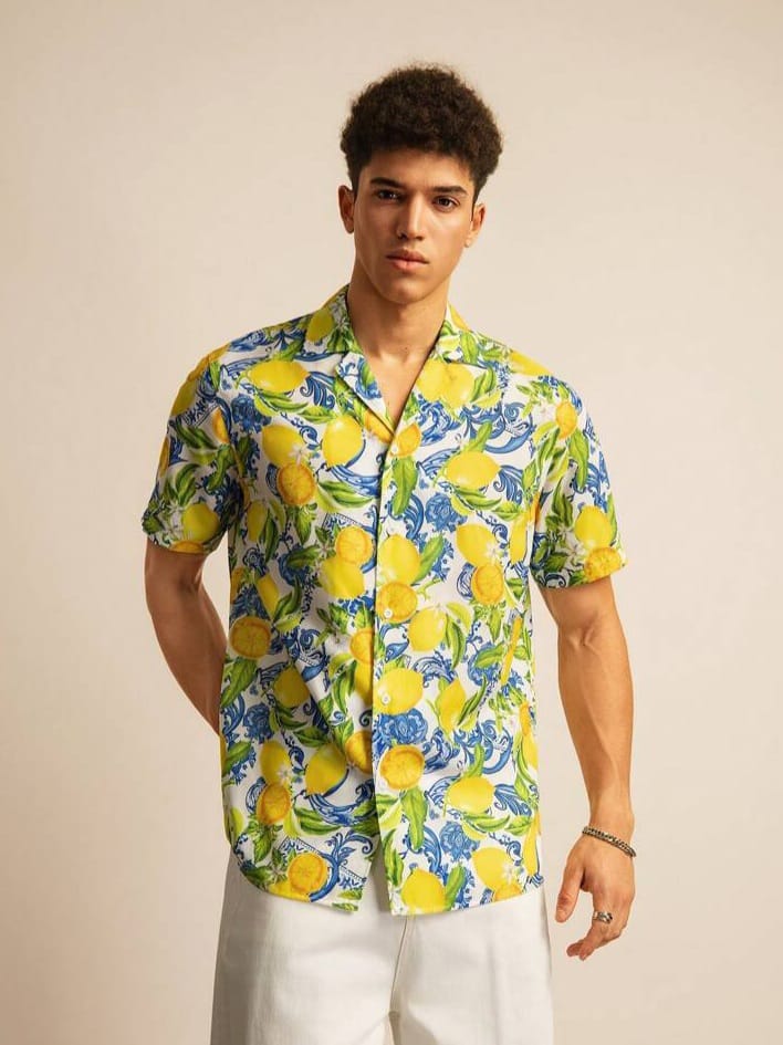 Uptown Funky Vacation Style Digital Print Turndown Collar Short Sleeve Button-Down Shirt Men